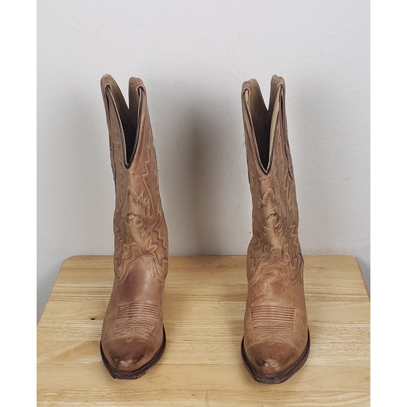 Old West Cowboy Cowgirl Boots Leather 7.0 Women's Cowgirl Tan Western LF1529 - Picture 2 of 7